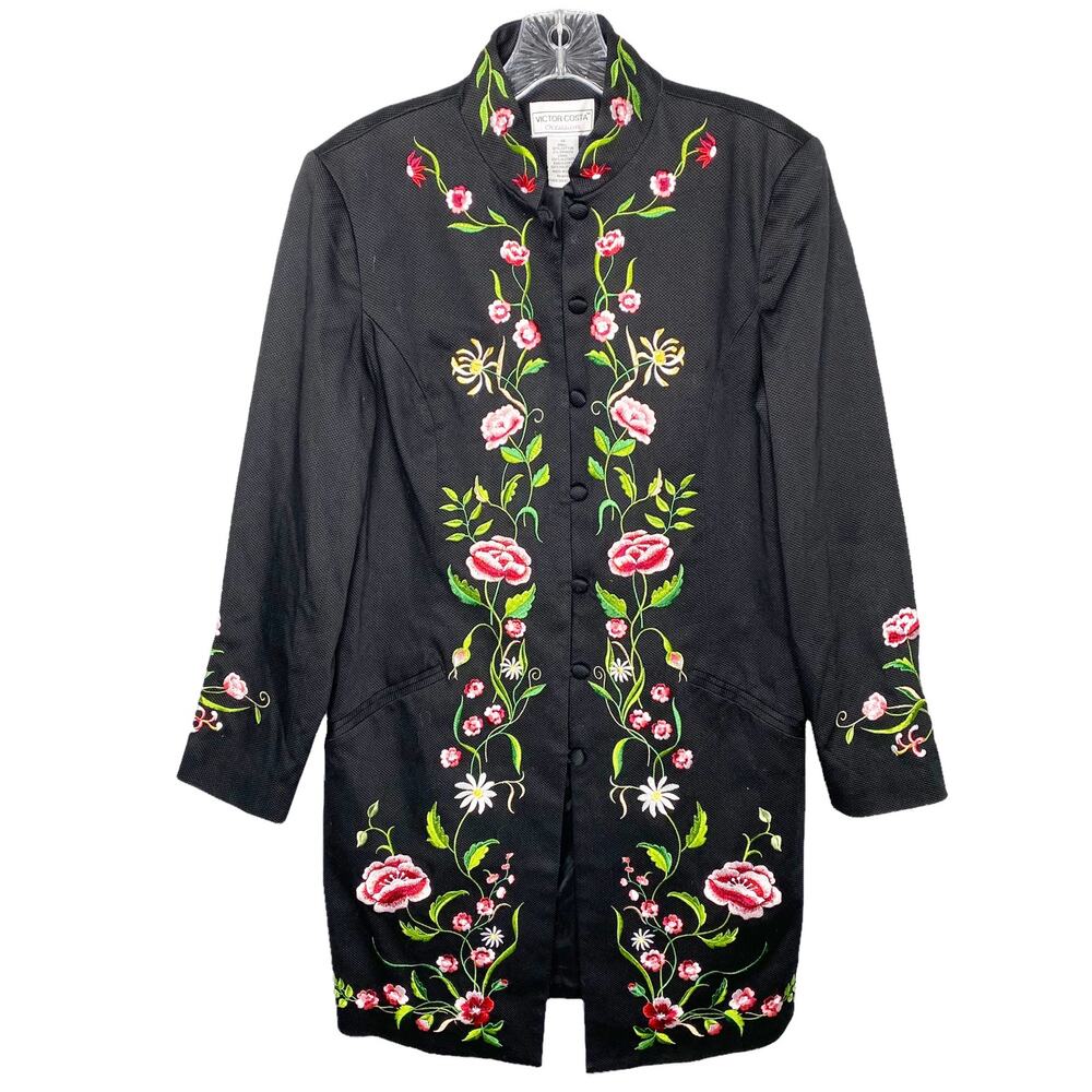 Victor Costa Occasion Coat Women's Size XS Black Floral Embroidered Button Up